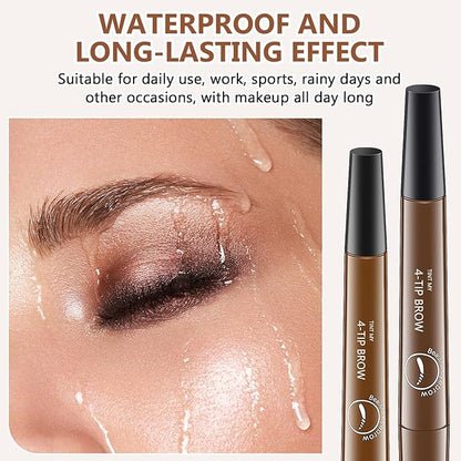 2Pcs Magic Microblading Eyebrow Pencil, 4-Tip Brow Pencil with Micro-Fork Tip, 3D Waterproof Microblading Eyebrow Pen, Eyebrow Tattoo Pen for Natural Makeup (Dark Brown)