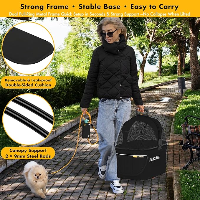 PAWZIDEA Portable Small Dog Crate for Car Travel, Enclosed Pet Car Seat for Small/Medium Dogs & Cats up 33 lb, Reversible No-Zip Canopy, Soft-Sided Pet Carrier Basket, Foldable Dog Kennel, Metal Frame