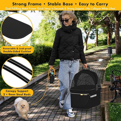 PAWZIDEA Portable Small Dog Crate for Car Travel, Enclosed Pet Car Seat for Small/Medium Dogs & Cats up 33 lb, Reversible No-Zip Canopy, Soft-Sided Pet Carrier Basket, Foldable Dog Kennel, Metal Frame