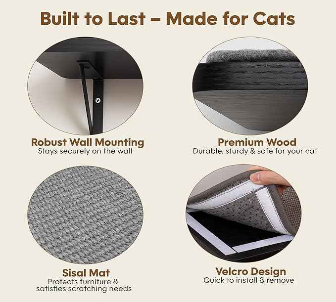 Cat Wall Shelf Window Perch, Cats Bed Hammock with Scratching Pad, Cat Shelf for Climbing Sleeping Playing,Black Furniture for Indoor Large Cats