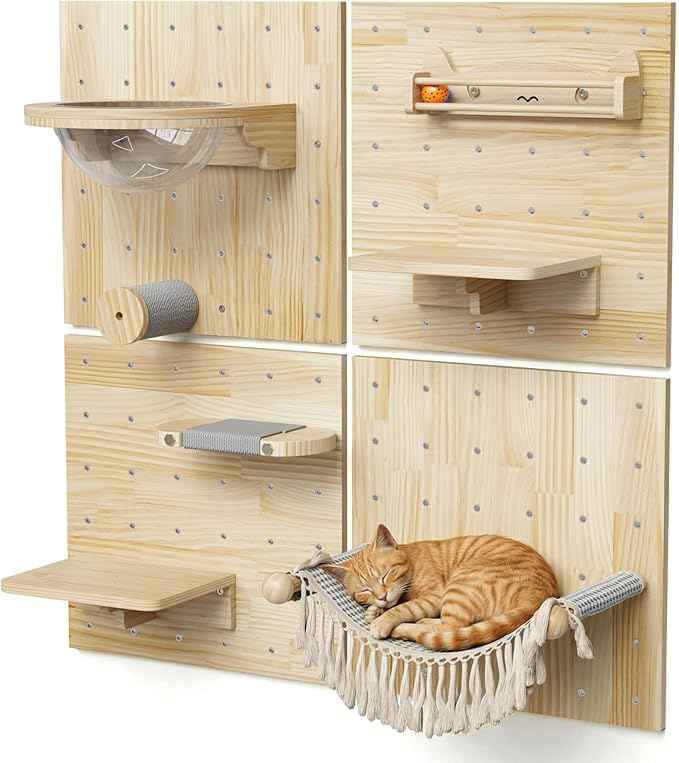 Ardilla & Co. Cat Wall Furniture – Wall-Mounted Modular Wooden Boards with 7 Moveable Accessories, Cat Wall Shelves, Hammock, Climber Steps, Perches, Walkways, Toy & Acrylic Bowl!