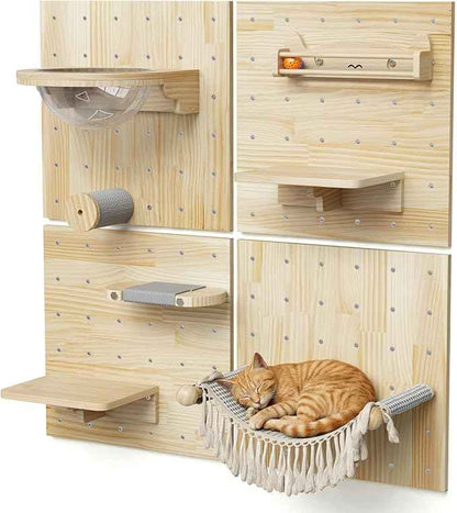 Ardilla & Co. Cat Wall Furniture – Wall-Mounted Modular Wooden Boards with 7 Moveable Accessories, Cat Wall Shelves, Hammock, Climber Steps, Perches, Walkways, Toy & Acrylic Bowl!