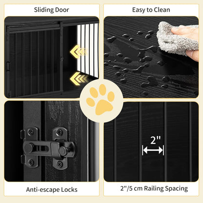 39.3" Dog Crate Furniture with Barn Door, Heavy Duty Dog Kennel Indoor with 2 Doors, Wooden Pet Cage End Table for Large Small Medium Dogs, Anti-Chew Anti-Escape, Black DFC02304B