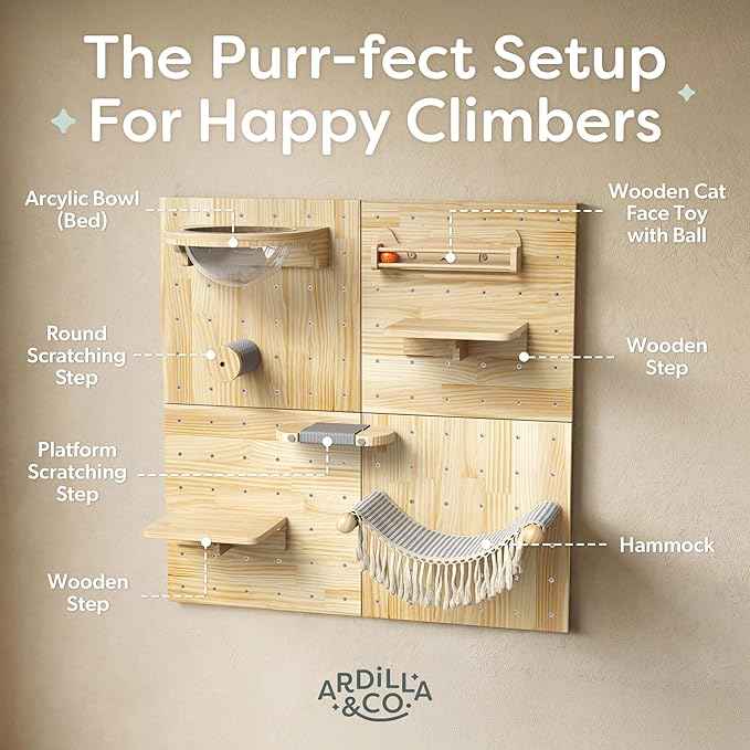 Ardilla & Co. Cat Wall Furniture – Wall-Mounted Modular Wooden Boards with 7 Moveable Accessories, Cat Wall Shelves, Hammock, Climber Steps, Perches, Walkways, Toy & Acrylic Bowl!