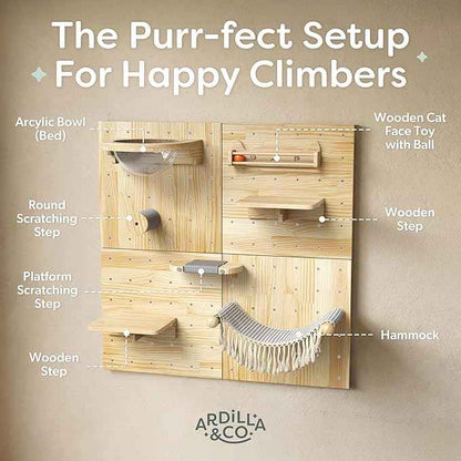 Ardilla & Co. Cat Wall Furniture – Wall-Mounted Modular Wooden Boards with 7 Moveable Accessories, Cat Wall Shelves, Hammock, Climber Steps, Perches, Walkways, Toy & Acrylic Bowl!