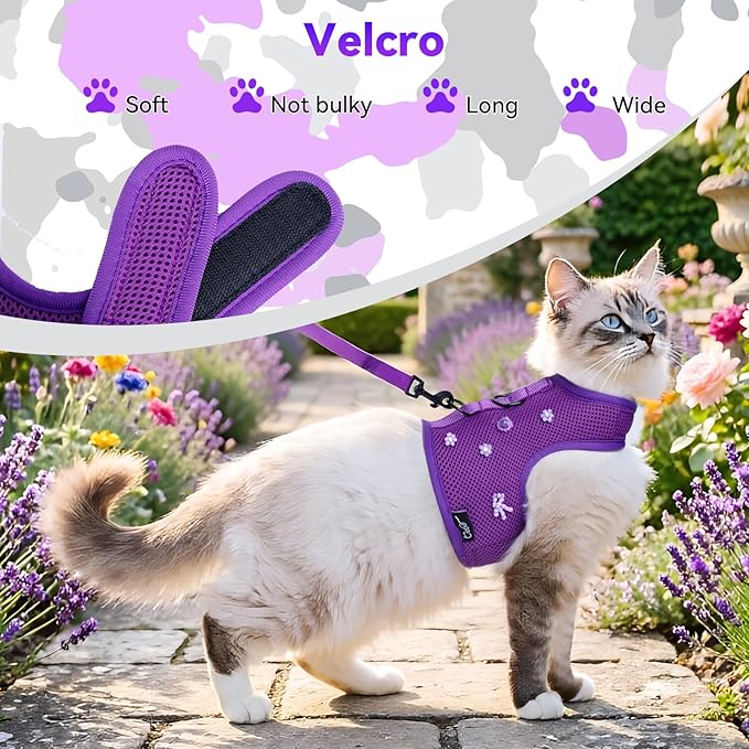 Cat Harness and Leash for Walking Escape Proof Breathable Mesh Fabric, Purple, Medium, Adjustable Cat Walking Jackets with DIY Beads, Padded Stylish Cat Vest
