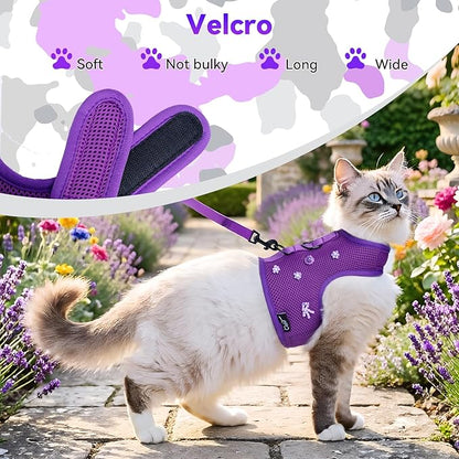 Cat Harness and Leash for Walking Escape Proof Breathable Mesh Fabric, Purple, Medium, Adjustable Cat Walking Jackets with DIY Beads, Padded Stylish Cat Vest