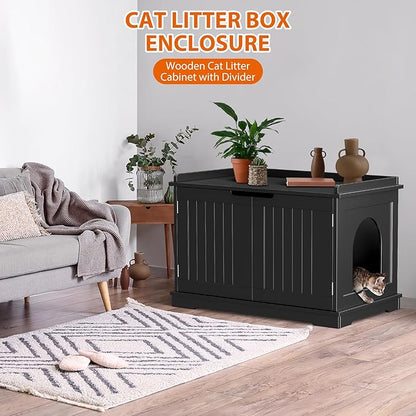 Zeny Cat Litter Box Enclosure, Wooden Cabinet with Divider, Modern Storage Bench, Fit Most Litter Box (Black)
