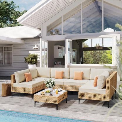 ABCASA Patio Furniture Set, 110" Large 7-Piece Wicker Outdoor Patio Furniture Sets with Coffee Table,Boho Patio Conversation Set Sectional Sofa with All-Weather Cushions for Backyard,Porch,Beige