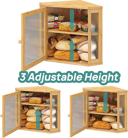 Corner Bread Box for Kitchen Counter, Bamboo Wood Large Capacity Bread Storage Bin with Acrylic Wavy Door Panel (Natural, Meduim)