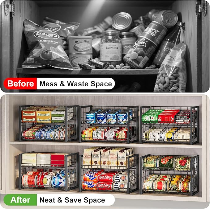 X-cosrack 2-Tier Stackable Can Organizer for Pantry, 3 Packs Adjustable Pantry Organizer Storage for Canned Food Goods Soda, Sturdy Canning Rack Can Dispener Storage Holder for Pantry Kitchen, Black