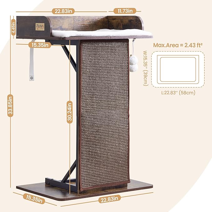 Modern Wood Cat Tree Tower for Indoor Large Cats, 33.8-Inch Tall Wooden Cat Trees with Big Perch Bed, Cat Scratching Pads, Washable Removable Cushions and Scratching Mat, Cat Furniture, Rustic Brown