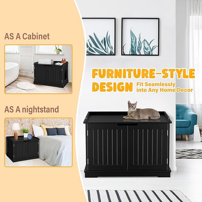 Zeny Cat Litter Box Enclosure, Wooden Cabinet with Divider, Modern Storage Bench, Fit Most Litter Box (Black)