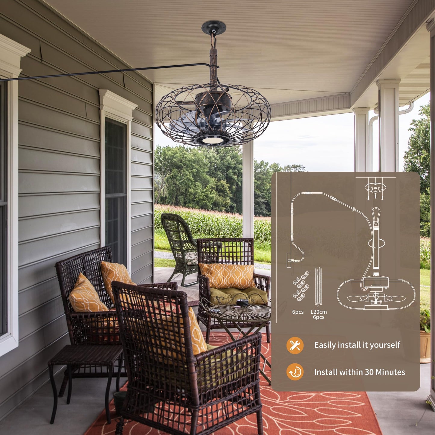 Pazala 15 Gazebo Ceiling Fans With Lights And Remote Control, Waterproof Enclosed Caged Ceiling Fan With 3 Color Led Light, Port