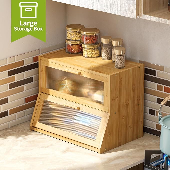 BMOSU Large Bread Box Double Layer Bamboo Bread Box for Kitchen Counter Container Farmhouse Bread Holder Capacity Bread Storage Bin(Natural)