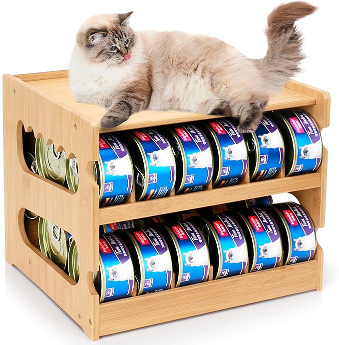 Bamboo Can Organizer for Pantry, 2 Tier Bamboo Pantry Organizer for Kitchen Counter, Cat Food Storage Holds Up to 36 Cans, Can Rack Organizer for Human and Pet Food Cans, FIFO Design