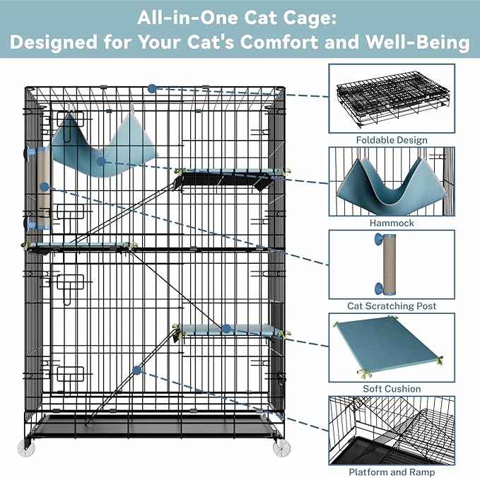 4-Tier Cat Cage Indoor: Large Cat Enclosure Pet Playpen Detachable Metal Wire Kennel Collapsible Crate with Scratching Post & Plush Pads & Hammock for Cats Kittens