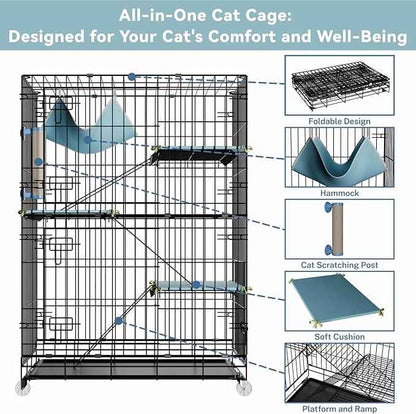4-Tier Cat Cage Indoor: Large Cat Enclosure Pet Playpen Detachable Metal Wire Kennel Collapsible Crate with Scratching Post & Plush Pads & Hammock for Cats Kittens