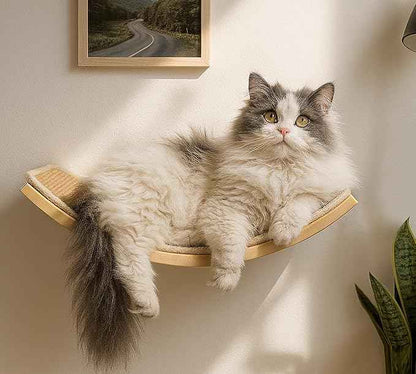 Curved Cat Wall Hammock with Scratchable Sisal Pad, Large Floating Cat Shelf for Wall, Wall Mounted Beige Bed for Playing, Climbing, and Sleeping