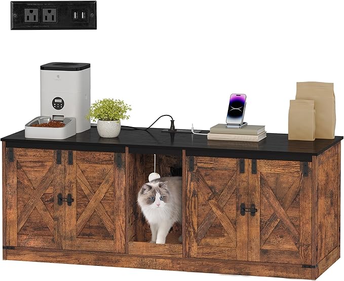55" L Cat Litter Box Enclosure for 2 Cats, Double Hidden Litter Box Furniture with Scratch Pad, Wooden Cat Cabinet with USB Ports & Power Outlets, Farmhouse TV Stand, Rustic Brown CB82501X