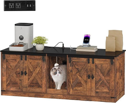 55" L Cat Litter Box Enclosure for 2 Cats, Double Hidden Litter Box Furniture with Scratch Pad, Wooden Cat Cabinet with USB Ports & Power Outlets, Farmhouse TV Stand, Rustic Brown CB82501X