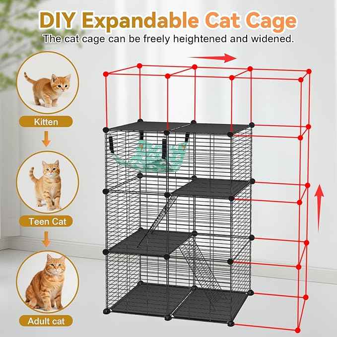 Cat Cage, 3-Tier DIY Catio Cat Enclosures, 24" x 16" x 36" Cat Playpen Indoor & Outdoor with Hammock, Detachable Metal Wire Kennel Cats Crate, 2x1x3 Exercise Place for 1-2 Kitten