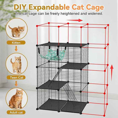 Cat Cage, 3-Tier DIY Catio Cat Enclosures, 24" x 16" x 36" Cat Playpen Indoor & Outdoor with Hammock, Detachable Metal Wire Kennel Cats Crate, 2x1x3 Exercise Place for 1-2 Kitten