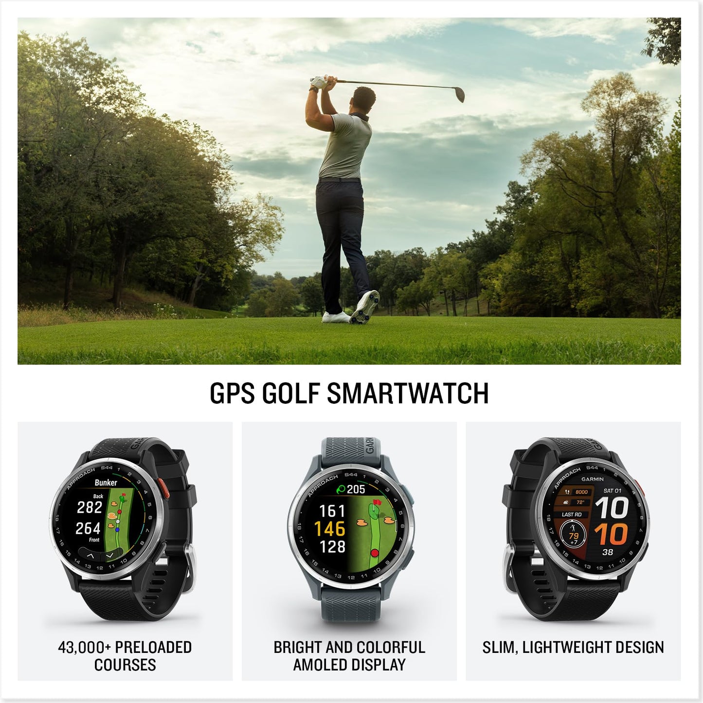 Garmin Approach S44 (Silver/Black) Golf Gps Smartwatch Bundle - 1.2 Amoled Display, On-Course Features & 15H Battery Life With P