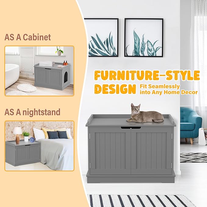 Zeny Cat Litter Box Enclosure Cabinet, Hidden Litter Box Furniture, Modern Wooden Washroom Storage Bench with Divider, Fits Most, Gray