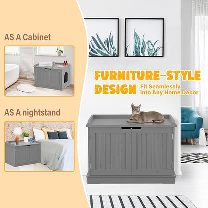 Zeny Cat Litter Box Enclosure Cabinet, Hidden Litter Box Furniture, Modern Wooden Washroom Storage Bench with Divider, Fits Most, Gray
