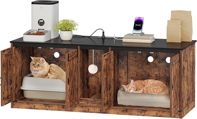 55" L Cat Litter Box Enclosure for 2 Cats, Double Hidden Litter Box Furniture with Scratch Pad, Wooden Cat Cabinet with USB Ports & Power Outlets, Farmhouse TV Stand, Rustic Brown CB82501X