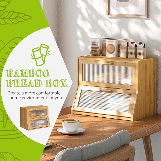 BMOSU Large Bread Box Double Layer Bamboo Bread Box for Kitchen Counter Container Farmhouse Bread Holder Capacity Bread Storage Bin(Natural)