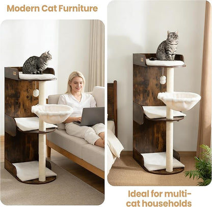 Modern Wood Cat Tree Tower for Indoor Large Cats, Cat Scratching Posts with Big Perch Bed, 44.8" Tall Multi-Level Wooden Cat Condo with Hammock, Removable Pads, Kitty Furniture, Rustic Brown