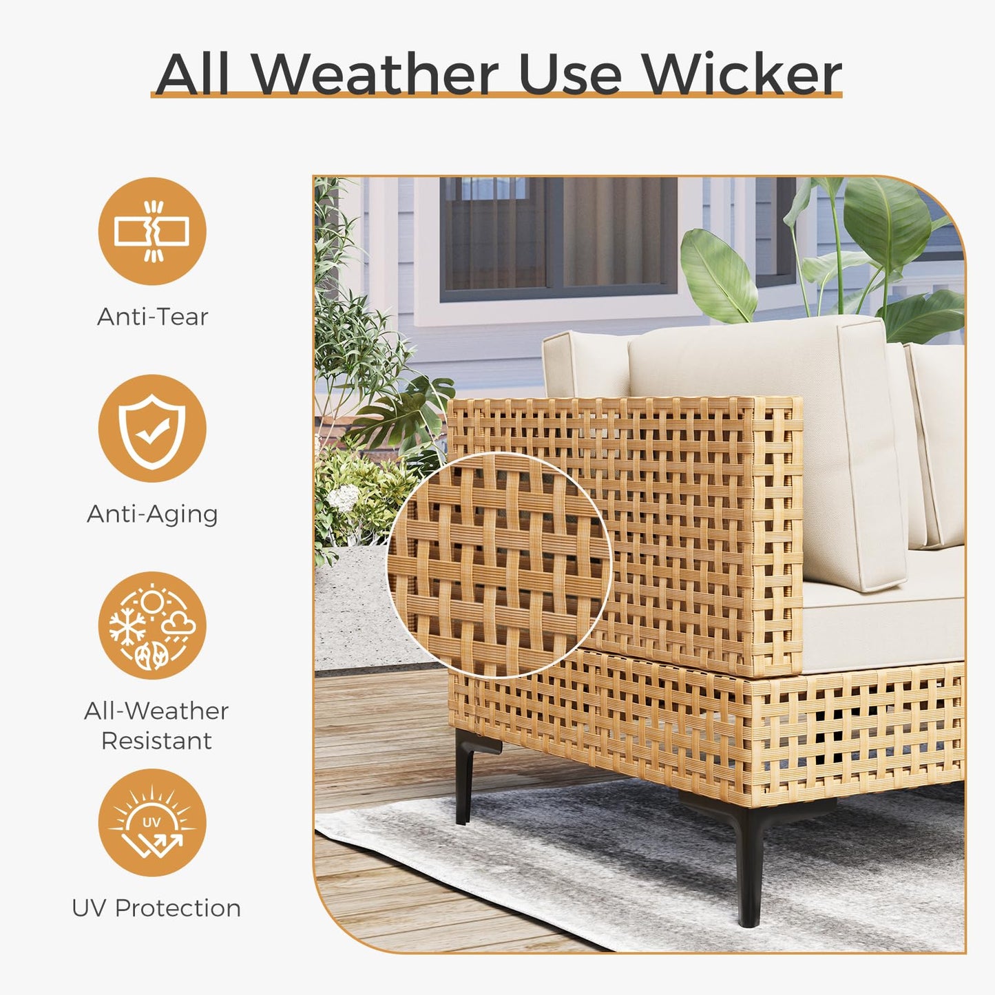 ABCASA Patio Furniture Set, 110" Large 7-Piece Wicker Outdoor Patio Furniture Sets with Coffee Table,Boho Patio Conversation Set Sectional Sofa with All-Weather Cushions for Backyard,Porch,Beige