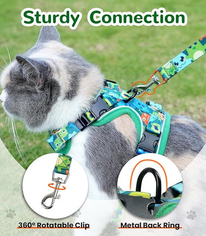 Halypet Cat Harness and Leash Set for Walking, Escape Proof Adjustable Vest Harness with 3-in-1 Integrated Buckles, Easy Control Soft Breathable Mesh with Reflective Strips for Cats, M, Green Monster