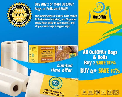 Vacuum Sealer Roll & Bag Cutter (8" x 100') 4 mil 100 Foot Embossed Bags by OutOfAir 33% Thicker, BPA Free, Sous Vide, Commercial Grade, Works with All Machines