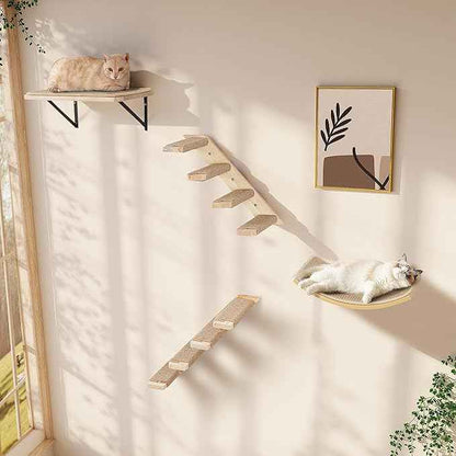 Curved Cat Wall Hammock with Scratchable Sisal Pad, Large Floating Cat Shelf for Wall, Wall Mounted Beige Bed for Playing, Climbing, and Sleeping