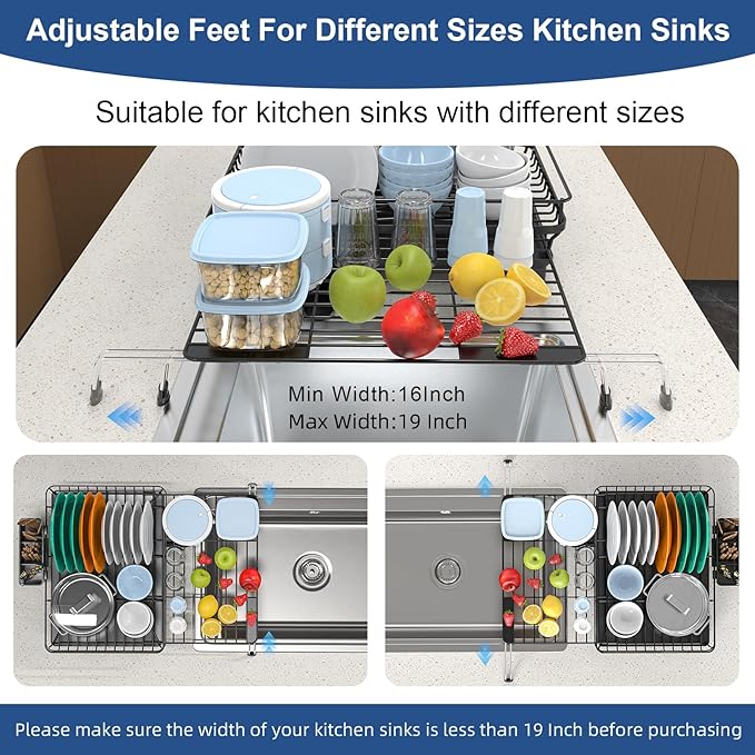 Extendable Dish Racks 16.3"-21.6" L x 16.7" W,Stainless Steel Dish Drying Rack for Kitchien Counter, Anti-Rust Dish Strainer with Cutlery Holde