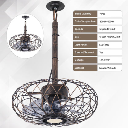 Pazala 15 Gazebo Ceiling Fans With Lights And Remote Control, Waterproof Enclosed Caged Ceiling Fan With 3 Color Led Light, Port