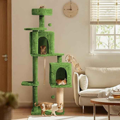 58in Large Cat Tree Tower for Indoor Cats with Soft Plush Hang Ball, Two Condos, Sisal Scratch Posts & Rope Play for Kittens/Adult Cats, Green