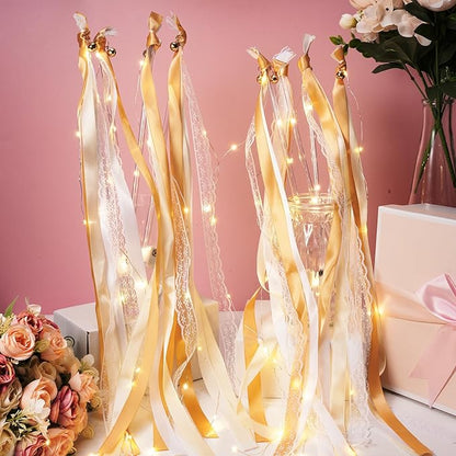 Unittype Wedding Wands Ribbon Streamers with Bells LED Fairy Light up Silk Fairy Wand Glow in the Dark Flashing Lace Stick for Wedding Birthday Party Favors (Champagne & Warm White LED,48 Pieces)