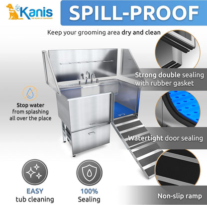 KANIS Professional Dog Washing Station - 304 Stainless Steel Pet Wash Sink & Grooming Bath Tub for Home with Ramp, Shower, Floor Grate, Storage Drawer, Faucet, Drain Kit for Large, Medium & Small Pets