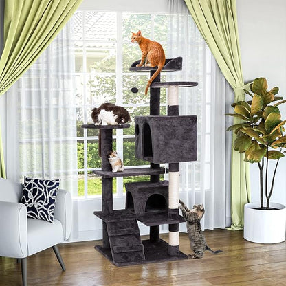 54-inch Cat Tree with Sisal-Covered Scratching Posts, Sturdy Standing Cat Tower for Indoor Kittens, Multi-Level Platforms, Perches, Condo and Hanging Ball for Cats to Play and Sleep