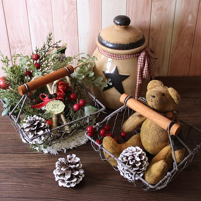 CVHOMEDECO. Chicken Wire Egg Baskets Rust Gathering Baskets with Wooden Handle Country Vintage Style Storage Baskets. Set of 2 (Square)