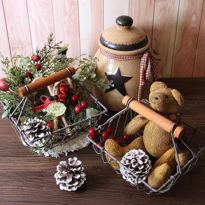 CVHOMEDECO. Chicken Wire Egg Baskets Rust Gathering Baskets with Wooden Handle Country Vintage Style Storage Baskets. Set of 2 (Square)