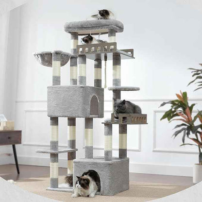 Maine Coon Cat Tree, Heavy Duty Cat Tree for Indoor Cats Large Adult, Cat Tower for Large Cats 20 lbs+ with Hammock, 2 Big Perches, 2 Cat Condos, 15 Scratching Posts, Light Gray GCT033W