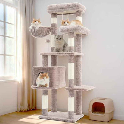Cat Tree for Indoor Cats, 55.1 inch Cat Tower with 7 Sisal Scratching Posts, Multi-Level Cat Condo wit Large Play Platform Furry Ball, Cat Cave, 2 Padded Perches, Basket, Mushroom GCT013MU