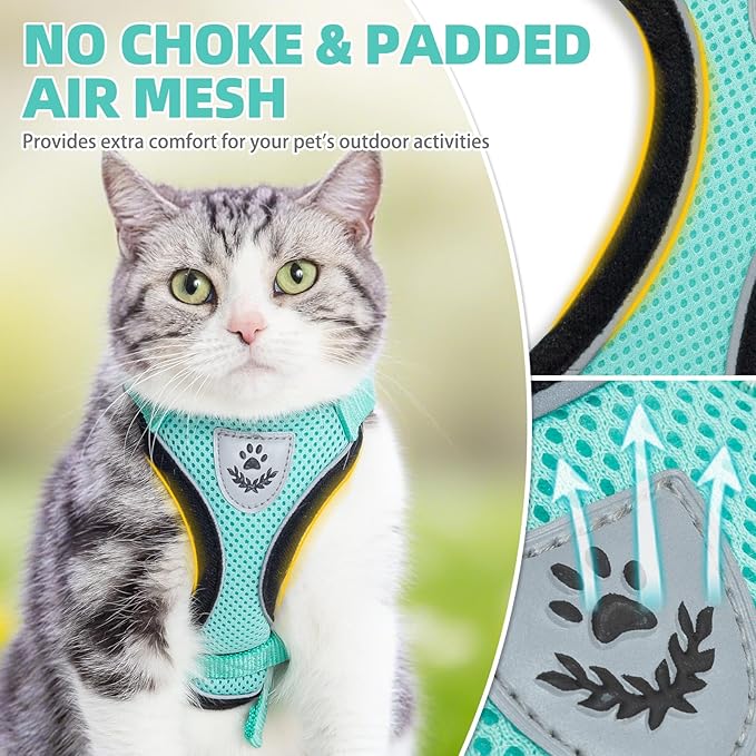 PUPTECK Cat Harness and Leash Set Escape Proof Reflective Cat Walking Harness Adjustable Soft Breathable Mesh Vest for Small Pets, Aquamarine, L