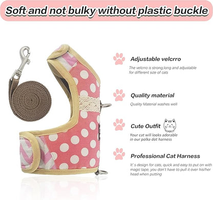 Cat Harness and Leash for Walking Escape Proof, Adjustable Cat Walking Jackets, Padded Stylish Cat Vest Polka Dot Pink, Large