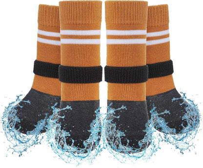 SCENEREAL Anti Slip Dog Boots & Paw Protectors for Hardwood Floor, Extended Dog Socks to Prevent Licking Paws, Waterproof Pet Snow Rain Shoe for Winter Medium Senior Dogs, Khaki M